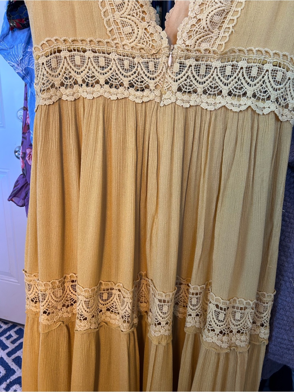 Yellow Lace Tiered Maxi Dress V Neck & Back Sleeveless Large Boho Regency - Picture 4 of 10